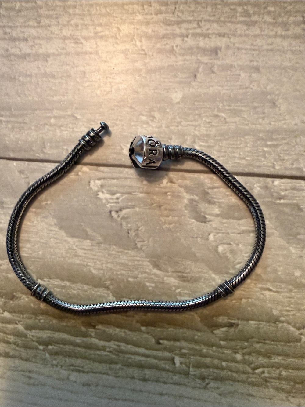 Pandora Silver Tone Snake Chain Bracelet with Engraved Barrel